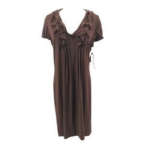 Danny & Nicole Brown Ruffle Neck Dress Career Stretch Midi Size 10 NWT